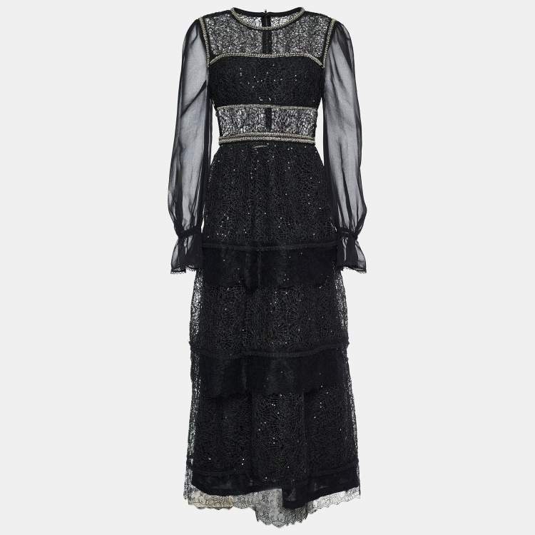 Pre Owned Self-Portrait Black Lace and Crystal Trimmed Maxi Dress L
