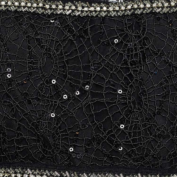 Pre Owned Self-Portrait Black Lace and Crystal Trimmed Maxi Dress L