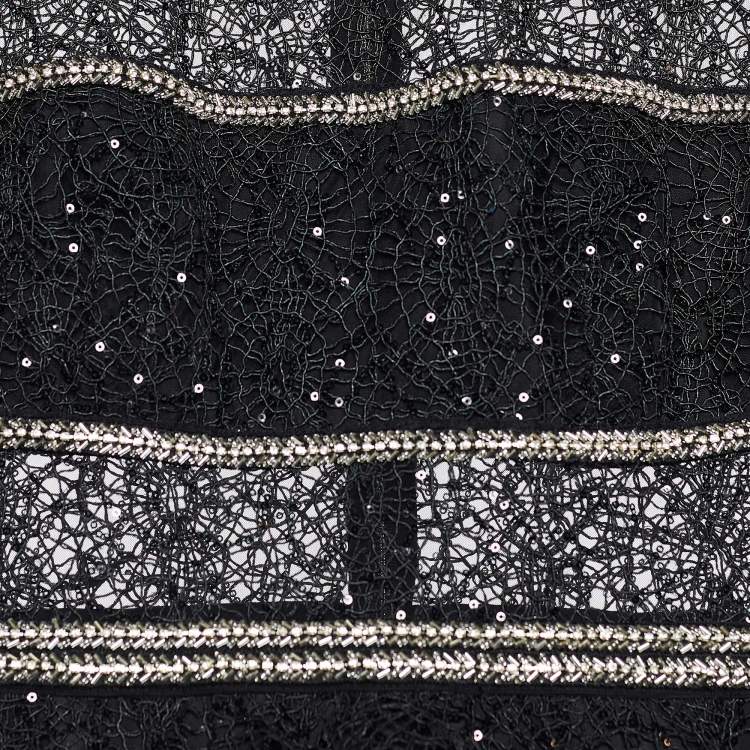 Pre Owned Self-Portrait Black Lace and Crystal Trimmed Maxi Dress L