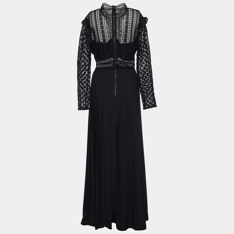 مملوكة مسبقًا Self-Portrait Black Guipure Lace & Crepe Pleated Maxi Dress L