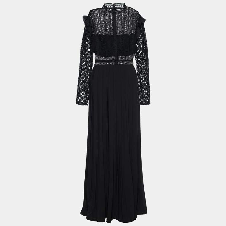 مملوكة مسبقًا Self-Portrait Black Guipure Lace & Crepe Pleated Maxi Dress L