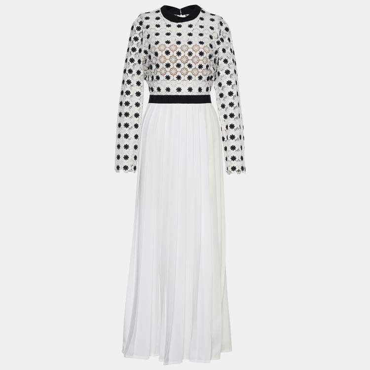 Pre Owned Self-Portrait White Floral Lace & Crepe Pleated Maxi Dress L