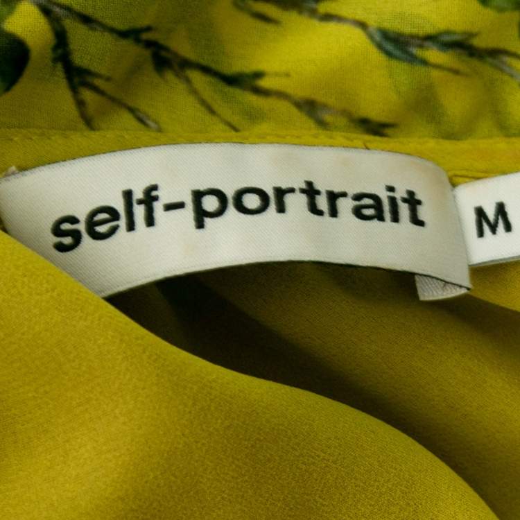 Pre Owned Self-Portrait Yellow Floral Printed Crepe Plisse One-Shoulder Dress M
