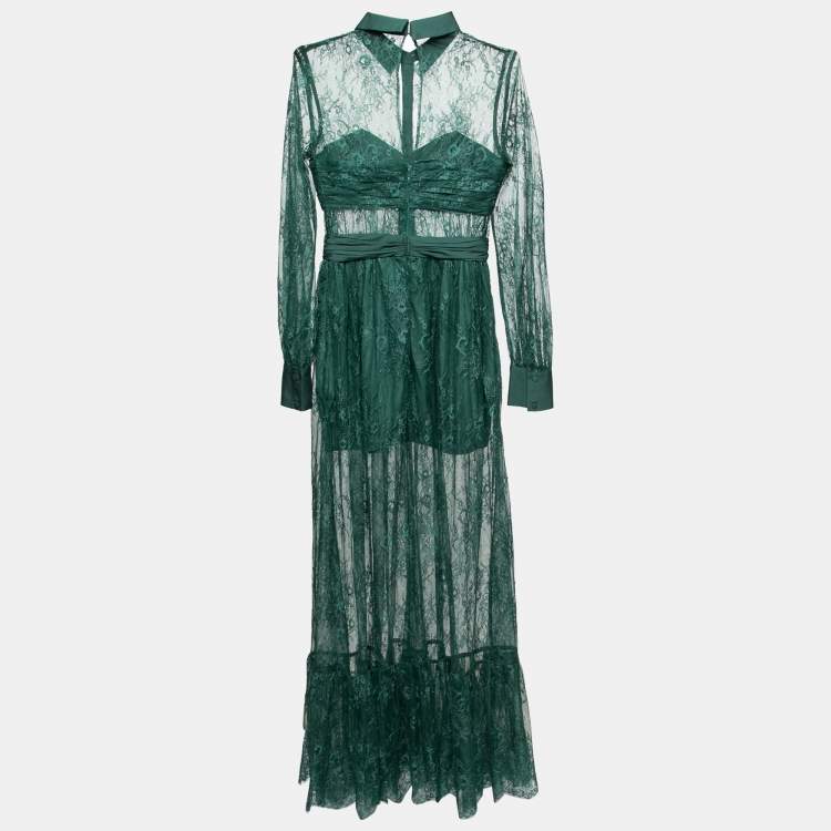 Pre Owned Self-Portrait Green Floral Lace Gathered Detailed Maxi Dress S