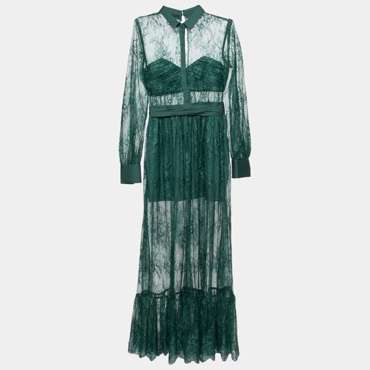 Pre Owned Self-Portrait Green Floral Lace Gathered Detailed Maxi Dress S