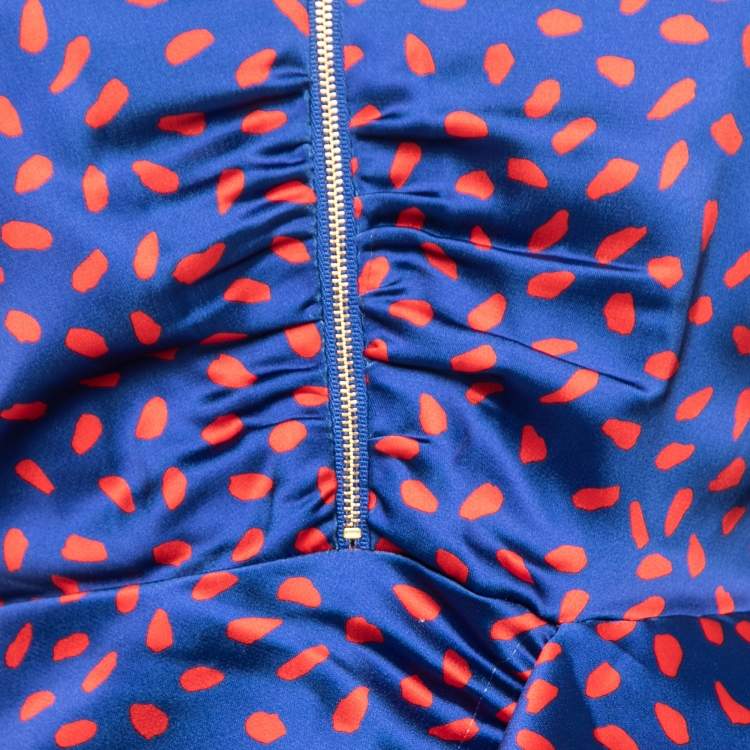 Pre Owned Self-Portrait Blue and Red Printed Ruffle Trimmed Off Shoulder Dress S