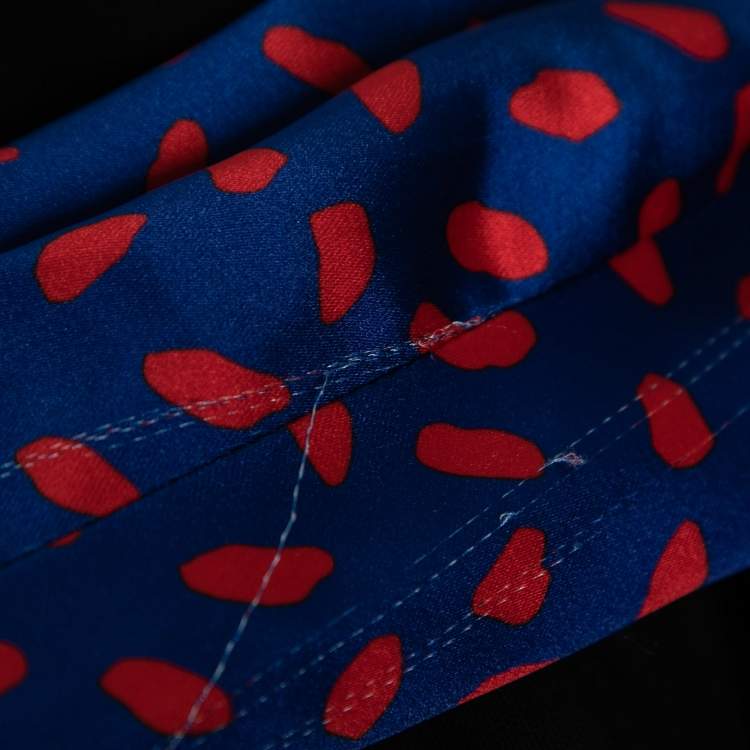 Pre Owned Self-Portrait Blue and Red Printed Ruffle Trimmed Off Shoulder Dress S