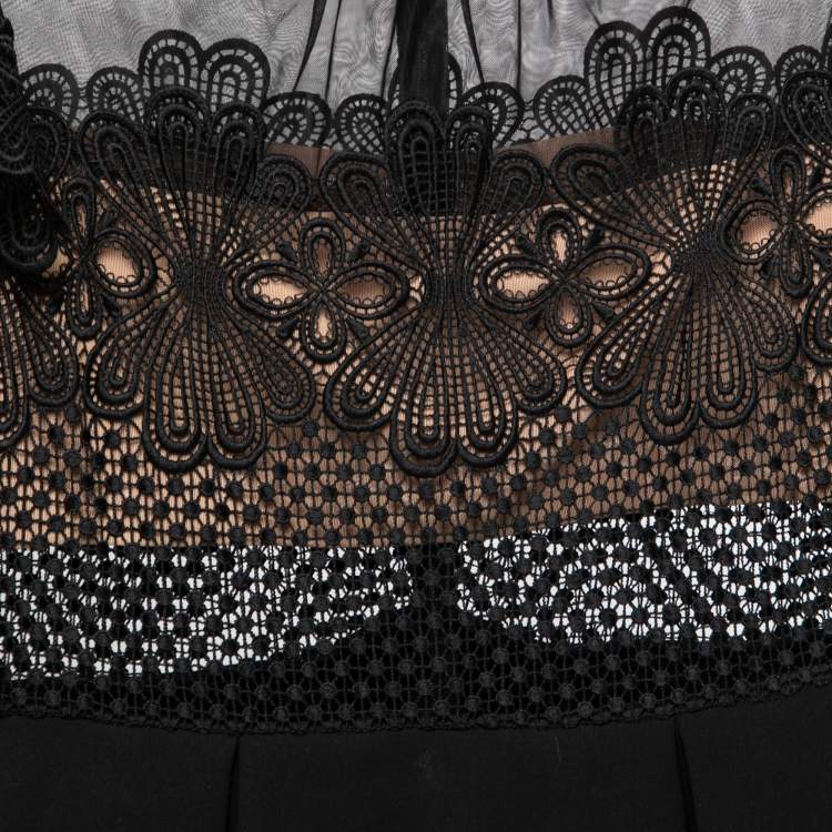 مملوكة مسبقًا Self-Portrait Black Jersey Lace & Tulle Paneled Felicia Midi Dress L
