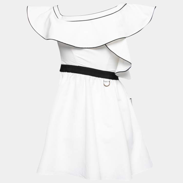 Pre Owned Self-Portrait White Cotton Contrast Trimmed Asymmetric Frill Dress S
