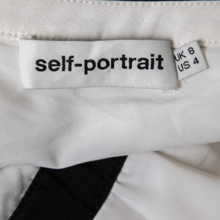 Pre Owned Self-Portrait White Cotton Contrast Trimmed Asymmetric Frill Dress S
