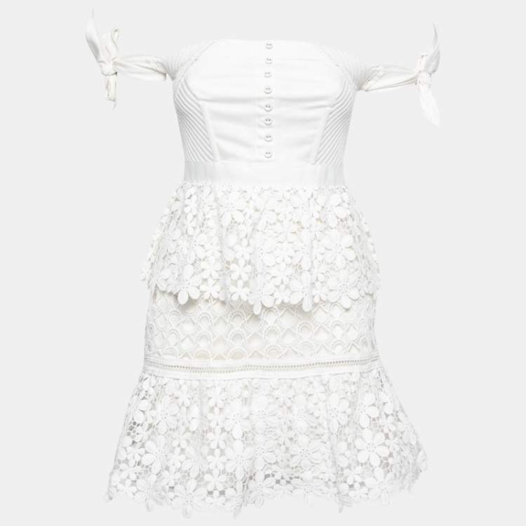 Pre Owned Self-Portrait White Floral Guipure Lace Off-Shoulder Mini Dress S