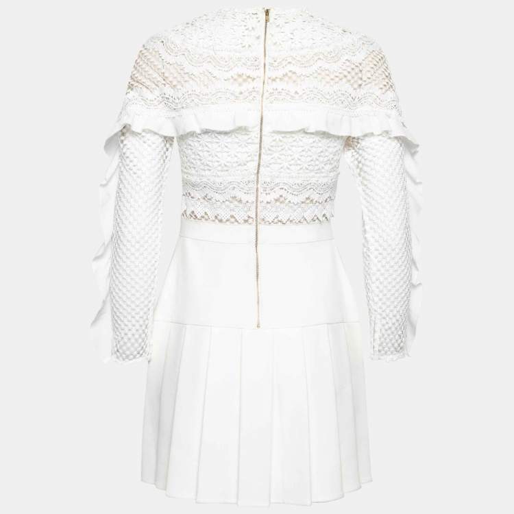 مملوكة مسبقًا Self Portrait White Crepe and Lace Ruffle Trim Detailed Pleated Dress S