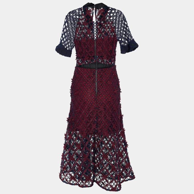 Self-Portrait Maroon & Navy Blue Floral Lace Grid Midi Dress M Self-Portrait  | TLC