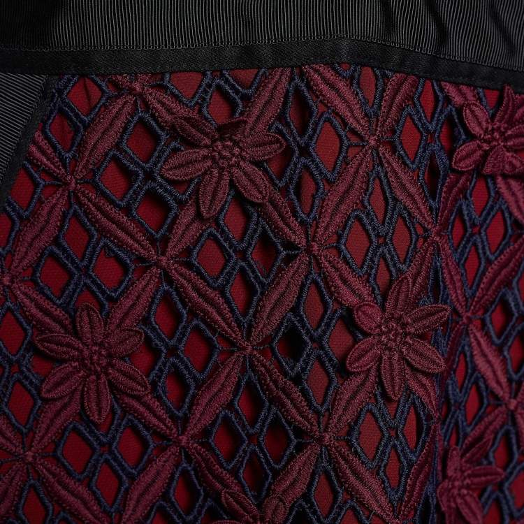 Pre Owned Self-Portrait Maroon & Navy Blue Floral Lace Grid Midi Dress M