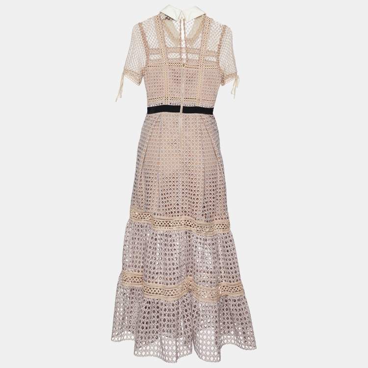 Pre Owned Self-Portrait Pale Pink Lace Paneled Midi Dress M