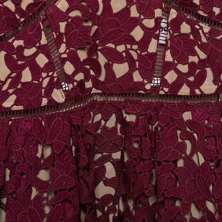 Pre Owned Self-Portrait Burgundy Floral Guipure Lace Azaelea Dress S