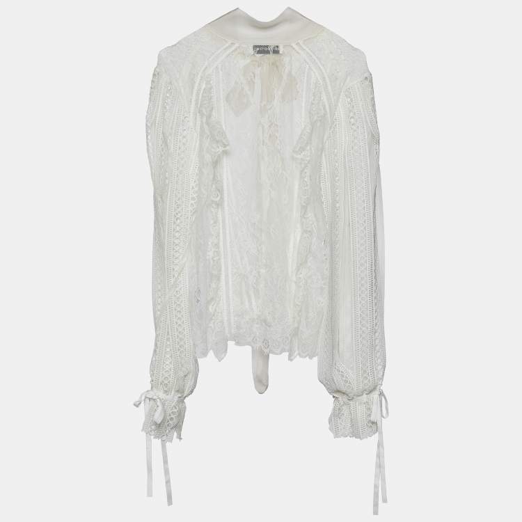 Pre Owned Self-Portrait White Paneled Lace Sheer Draped Sleeve Top L