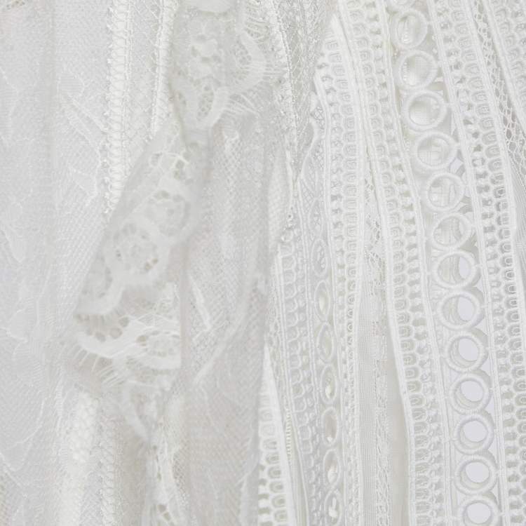 Pre Owned Self-Portrait White Paneled Lace Sheer Draped Sleeve Top L