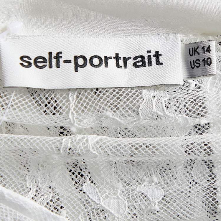Pre Owned Self-Portrait White Paneled Lace Sheer Draped Sleeve Top L