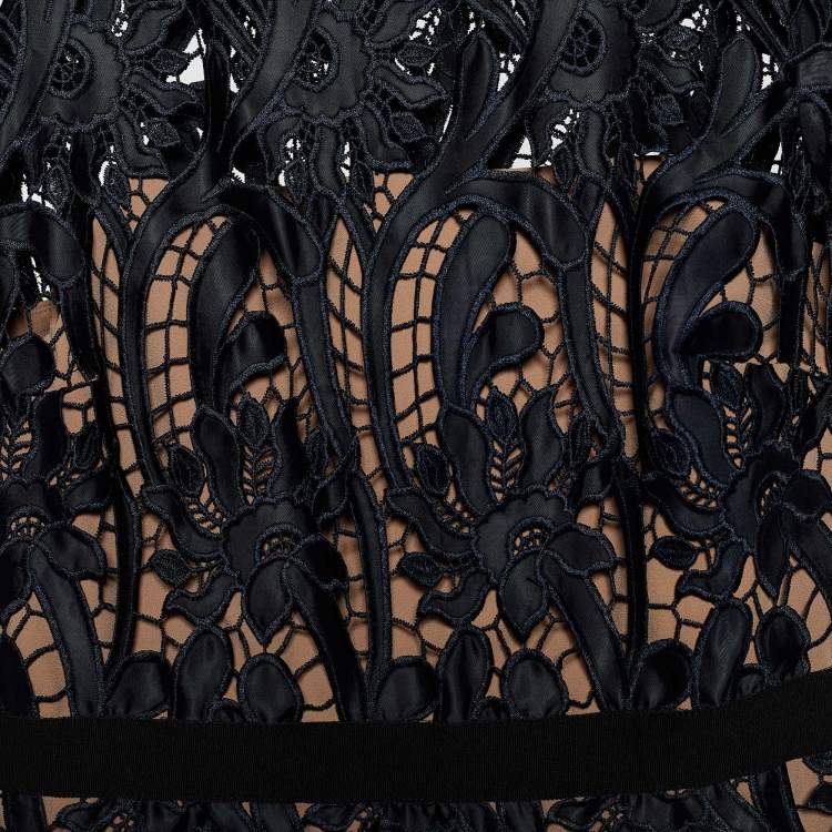 مملوكة مسبقًا Self-Portrait Black Floral Guipure Lace Prairie Midi Dress M