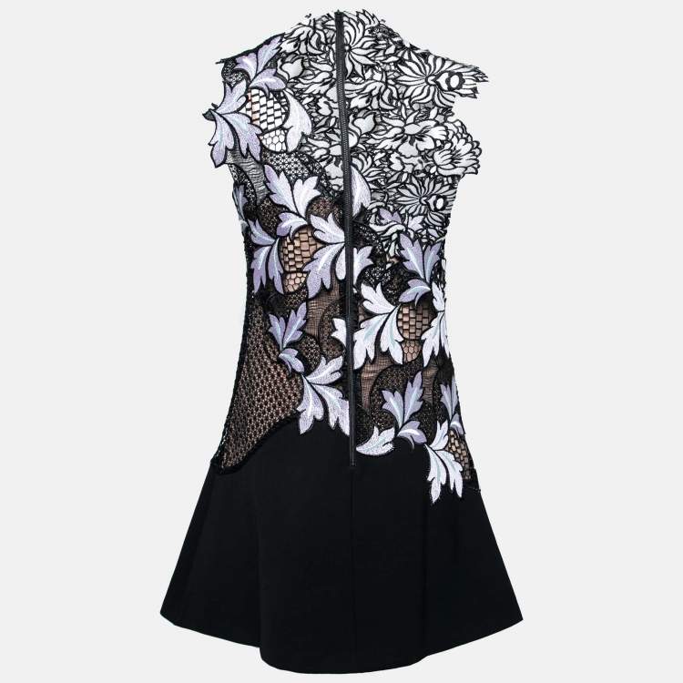 Pre Owned Self-Portrait Black Floral Guipure Lace & Crepe Sleeveless Dress M