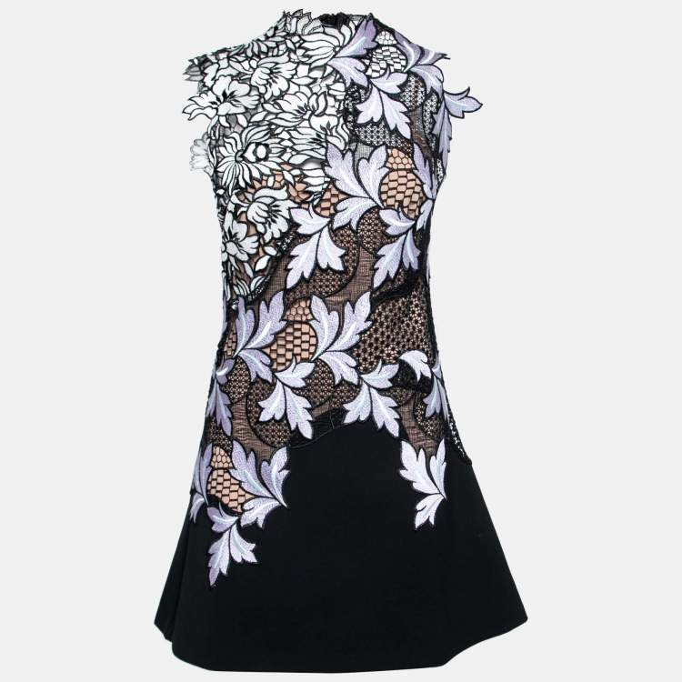 Pre Owned Self-Portrait Black Floral Guipure Lace & Crepe Sleeveless Dress M