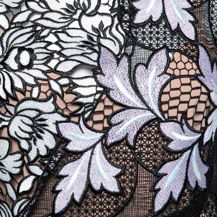 Pre Owned Self-Portrait Black Floral Guipure Lace & Crepe Sleeveless Dress M