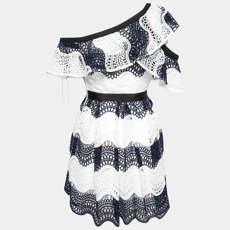 Pre Owned Self-Portrait White & Blue Lace Asymmetrical Mini Dress S