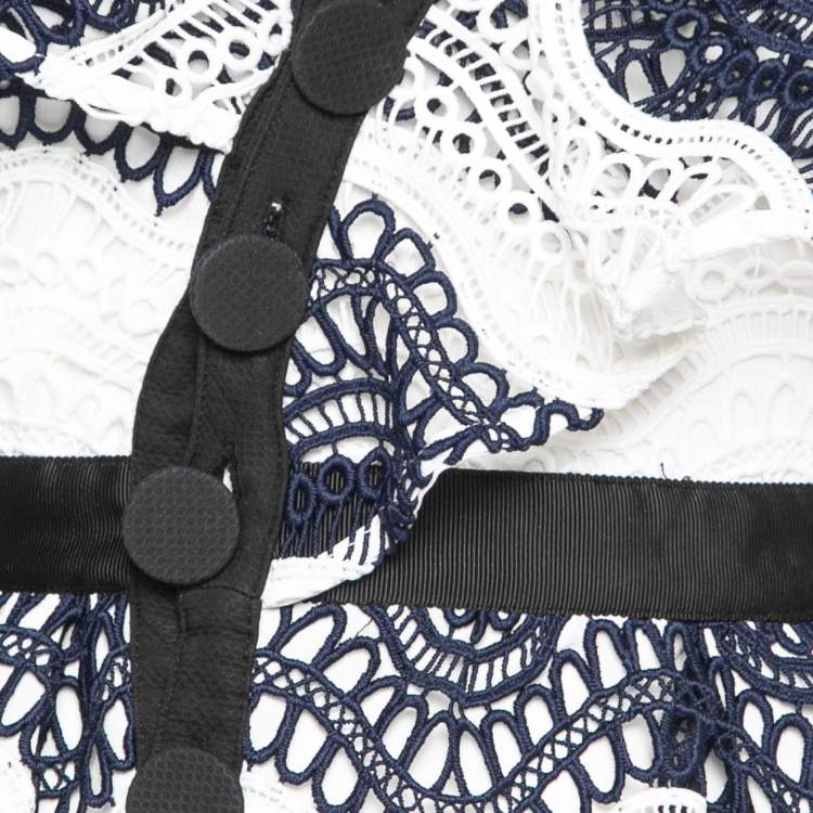 Pre Owned Self-Portrait White & Blue Lace Asymmetrical Mini Dress S