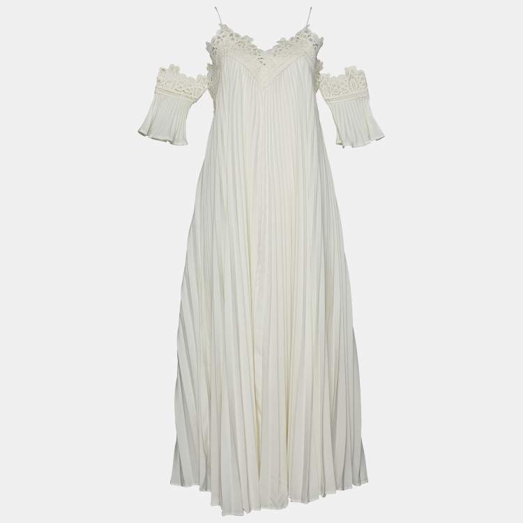 Pre Owned Self-Portrait White Crepe Pleated Lace Trim Off-Shoulder Dress S