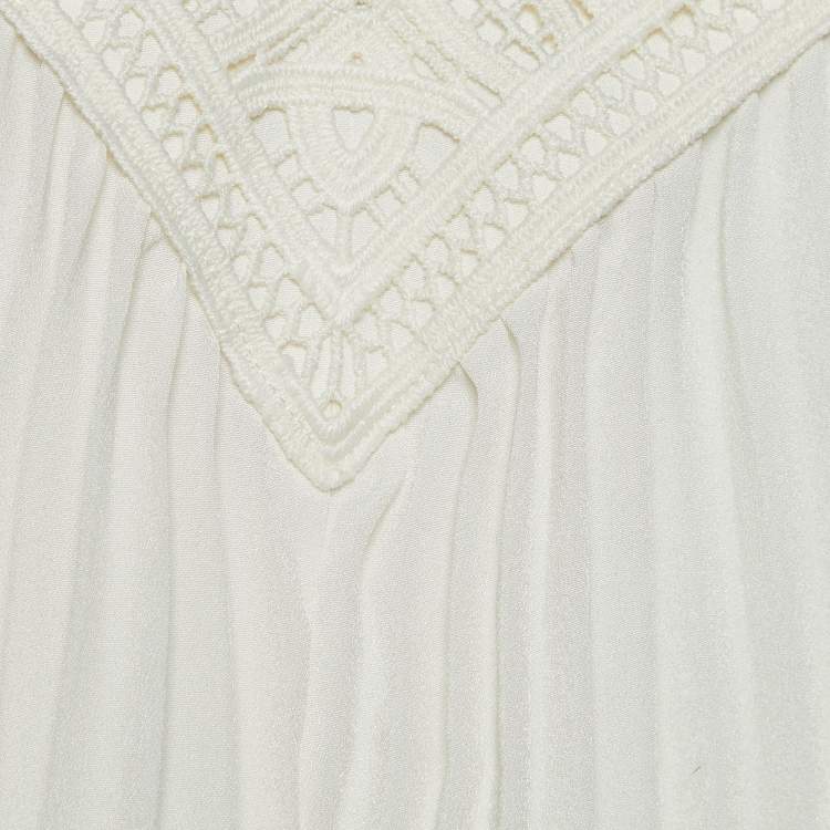Pre Owned Self-Portrait White Crepe Pleated Lace Trim Off-Shoulder Dress S