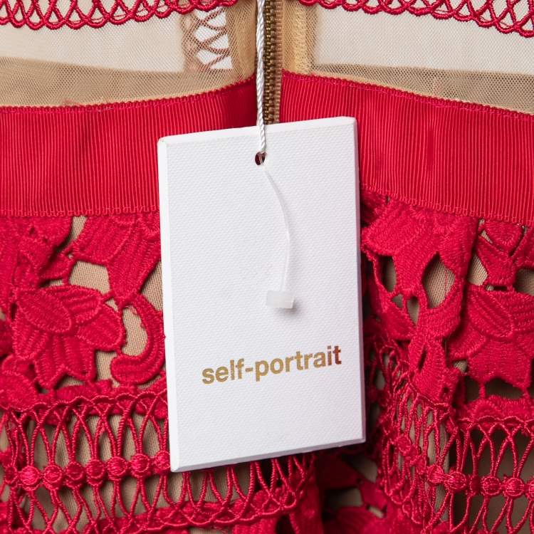 Pre Owned Self-Portrait Red Guipure Lace Panelled Mini Dress S