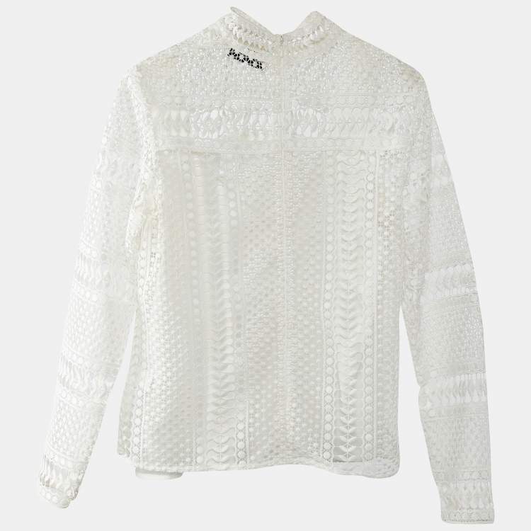 Pre Owned Self-Portrait White Crochet Lace Mock Neck Blouse XS