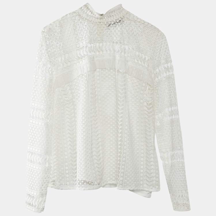 Pre Owned Self-Portrait White Crochet Lace Mock Neck Blouse XS