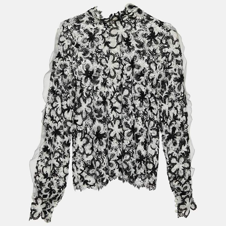 Pre Owned Self-Portrait Monochrome Floral Lace Ruffled Blouse M