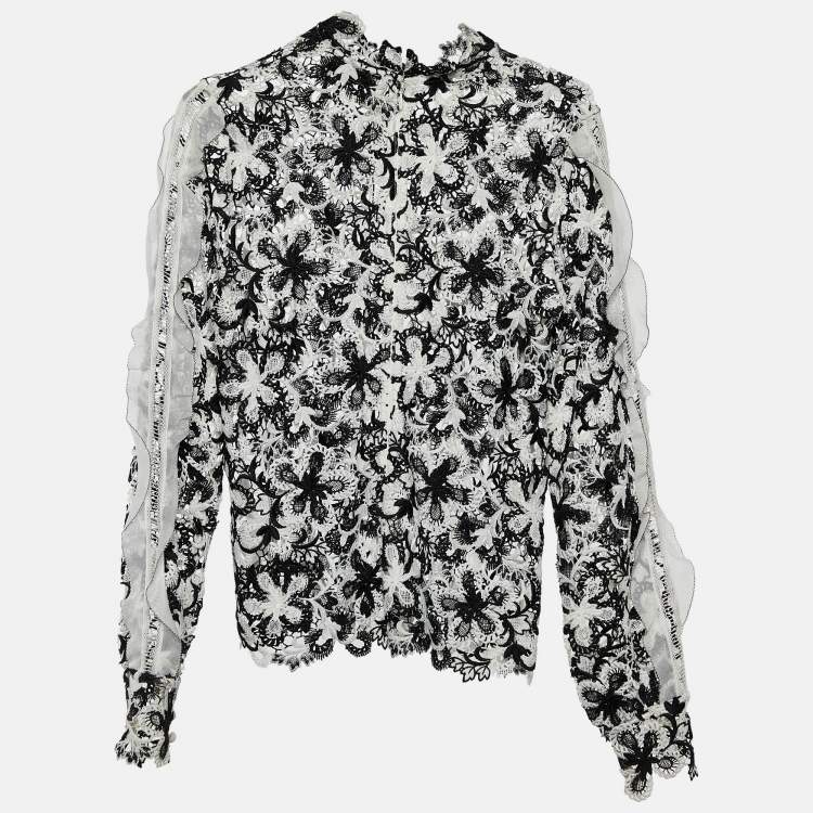 Pre Owned Self-Portrait Monochrome Floral Lace Ruffled Blouse M