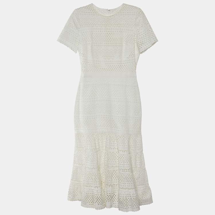 Pre Owned Self-Portrait White Eyelet Cotton Bea Midi Dress M