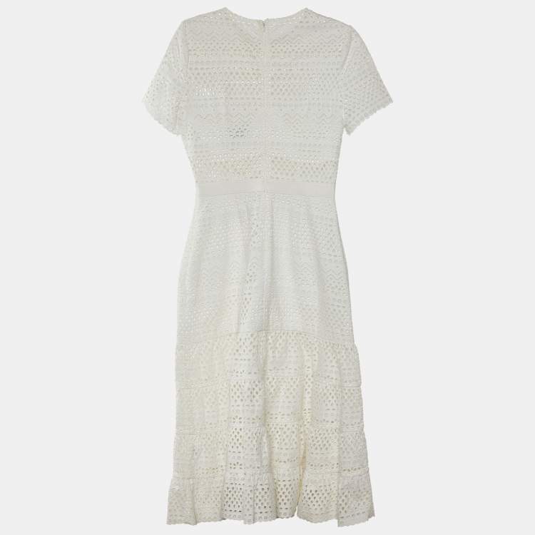 Pre Owned Self-Portrait White Eyelet Cotton Bea Midi Dress M