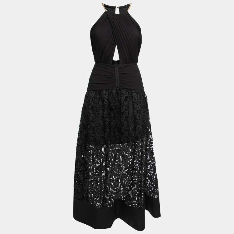 Pre Owned Self-Portrait Black Guipure Lace & Crepe Cut-Out Detail Midi Dress S