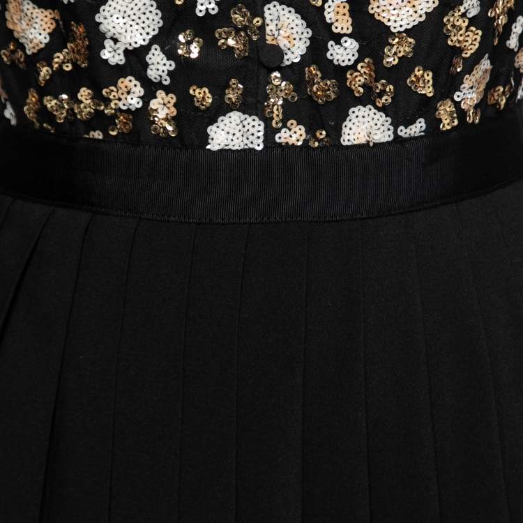 Pre Owned Self-Portrait Black Sequin Embellished Tulle & Crepe Pleated Dress S
