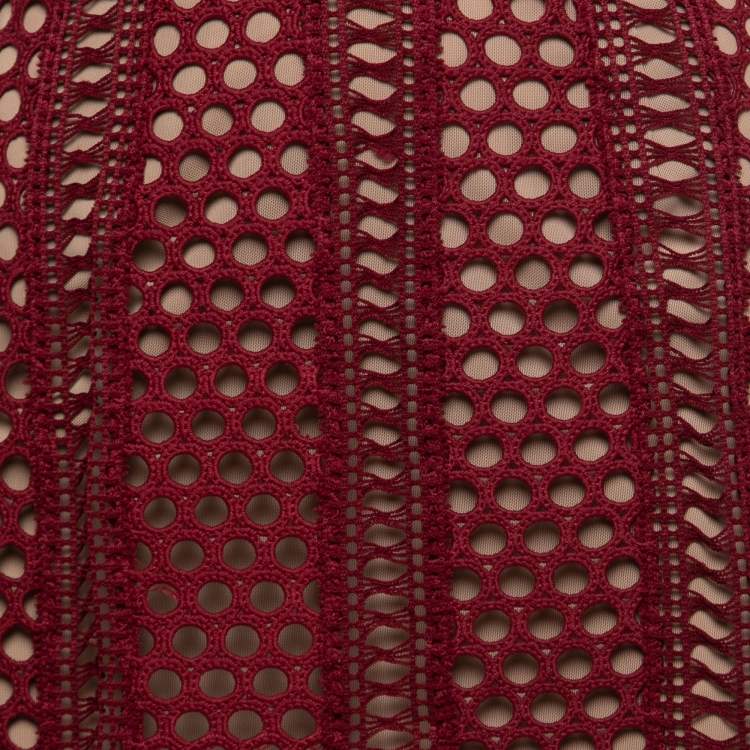 Pre Owned Self-Portrait Burgundy Embroidered Lace Column Midi Dress S