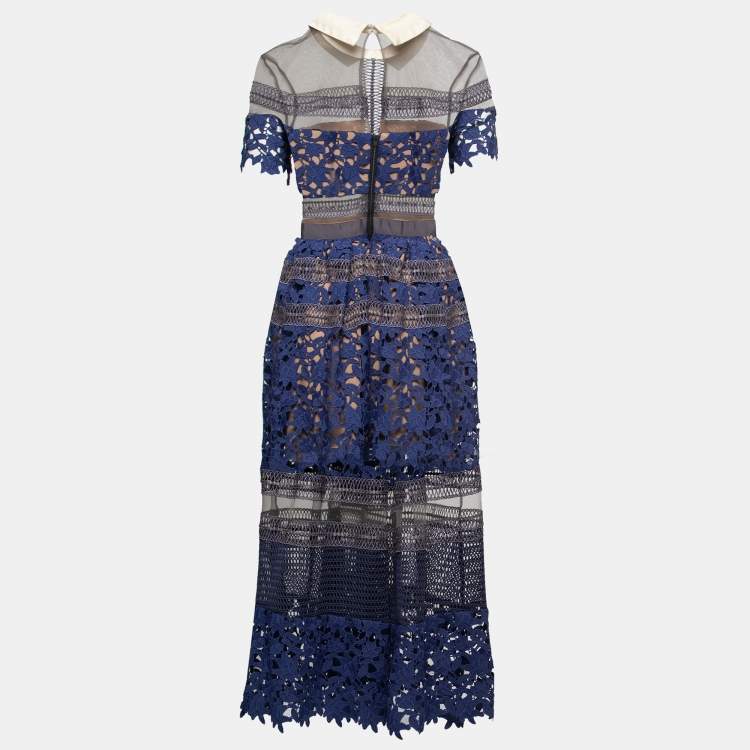 Pre Owned Self-Portrait Navy Blue Lace Paneled Liliana Dress S