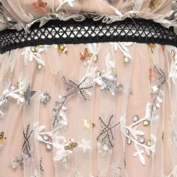 Pre Owned Self-Portrait Beige Sequin Embroidered Tulle Tiered Midi Dress S