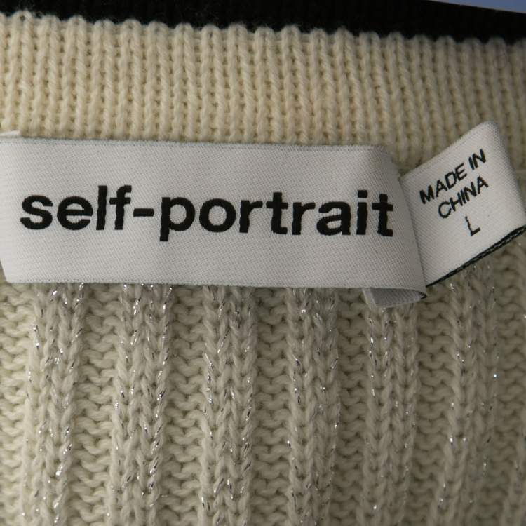 Pre Owned Self-Portrait White Lurex Knit Diamante Mini Dress L