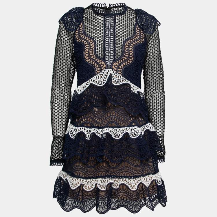 Pre Owned Self-Portrait Blue & Black Lace Ruffled Flared Mini Dress M 