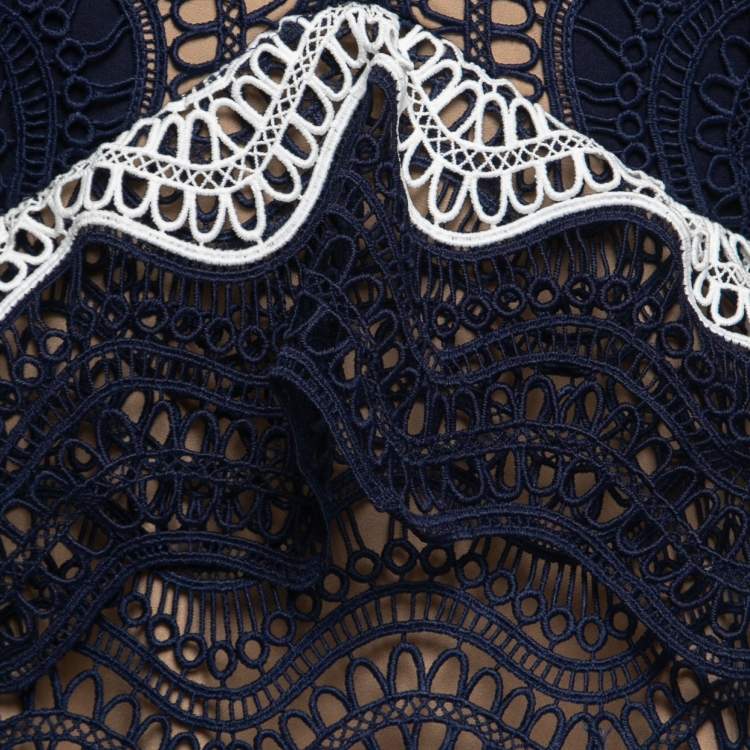 Pre Owned Self-Portrait Blue & Black Lace Ruffled Flared Mini Dress M 