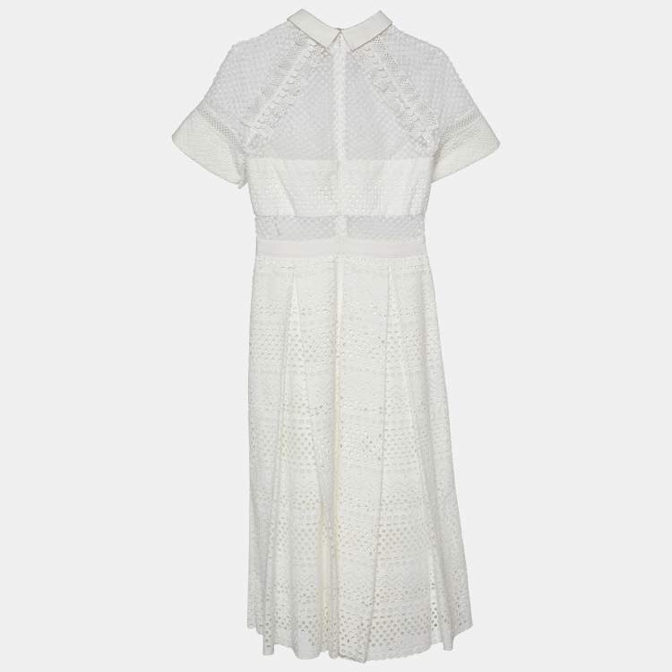 Pre Owned Self-Portrait White Eyelet Lace Raglan Sleeve Midi Dress M