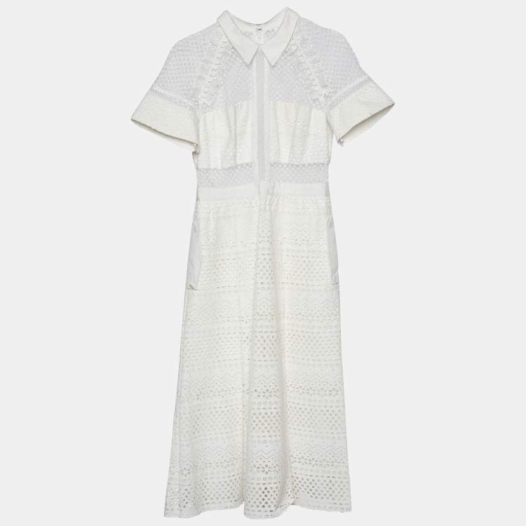 Pre Owned Self-Portrait White Eyelet Lace Raglan Sleeve Midi Dress M