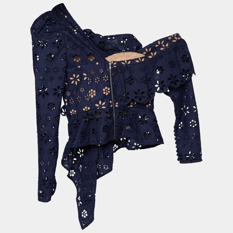 Pre Owned Self-Portrait Navy Blue Cutwork Lace One Shoulder Top S