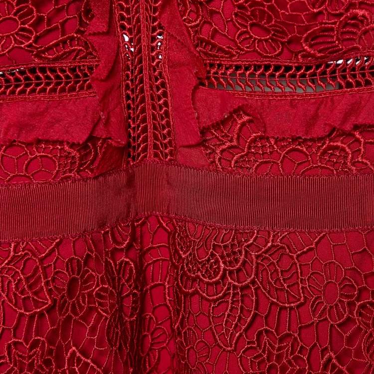 Pre Owned Self-Portrait Red Floral Lace Sleeveless Midi Dress S
